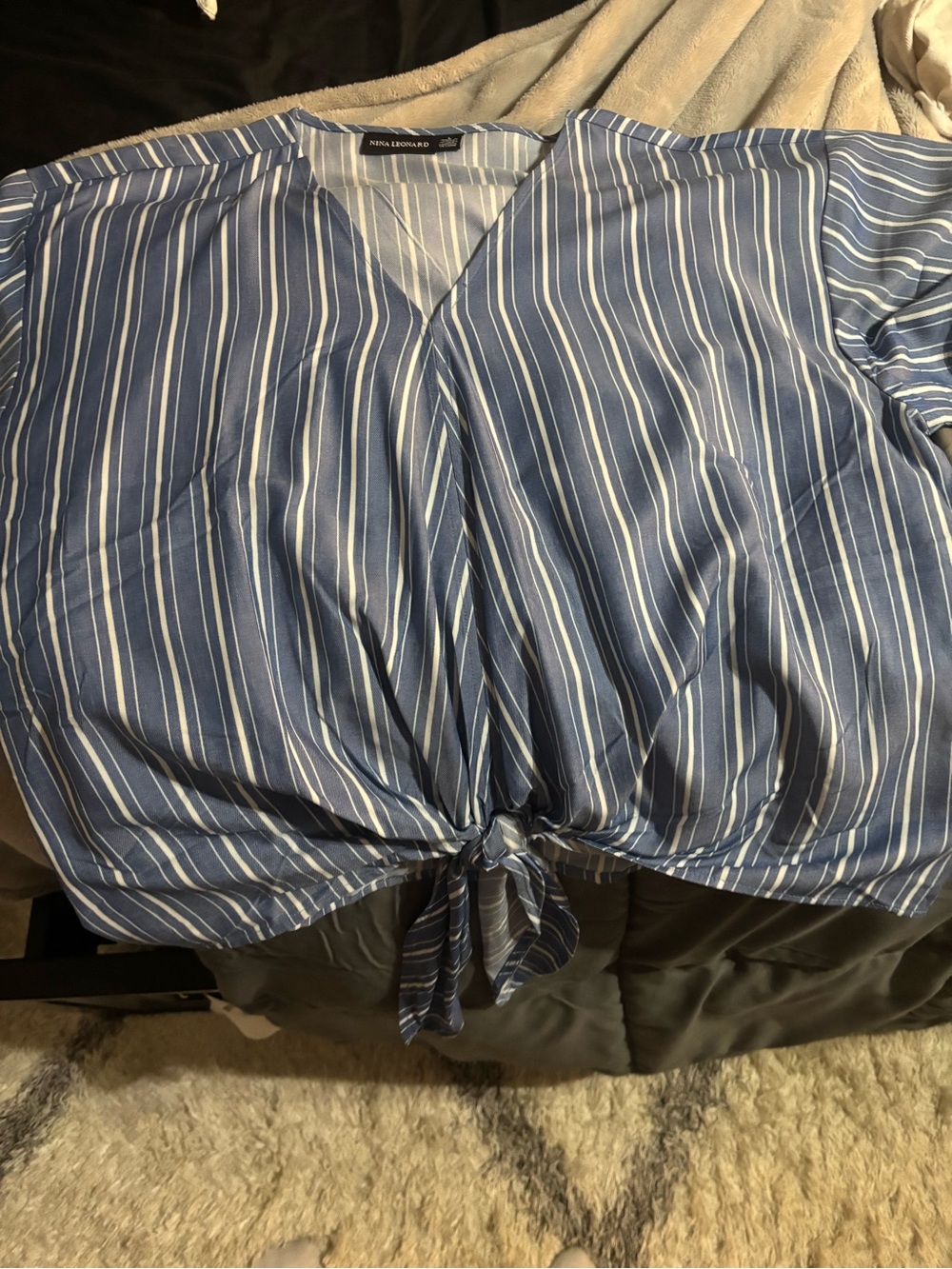 Nina Leonard Blue and White Striped Tie-Front Top
